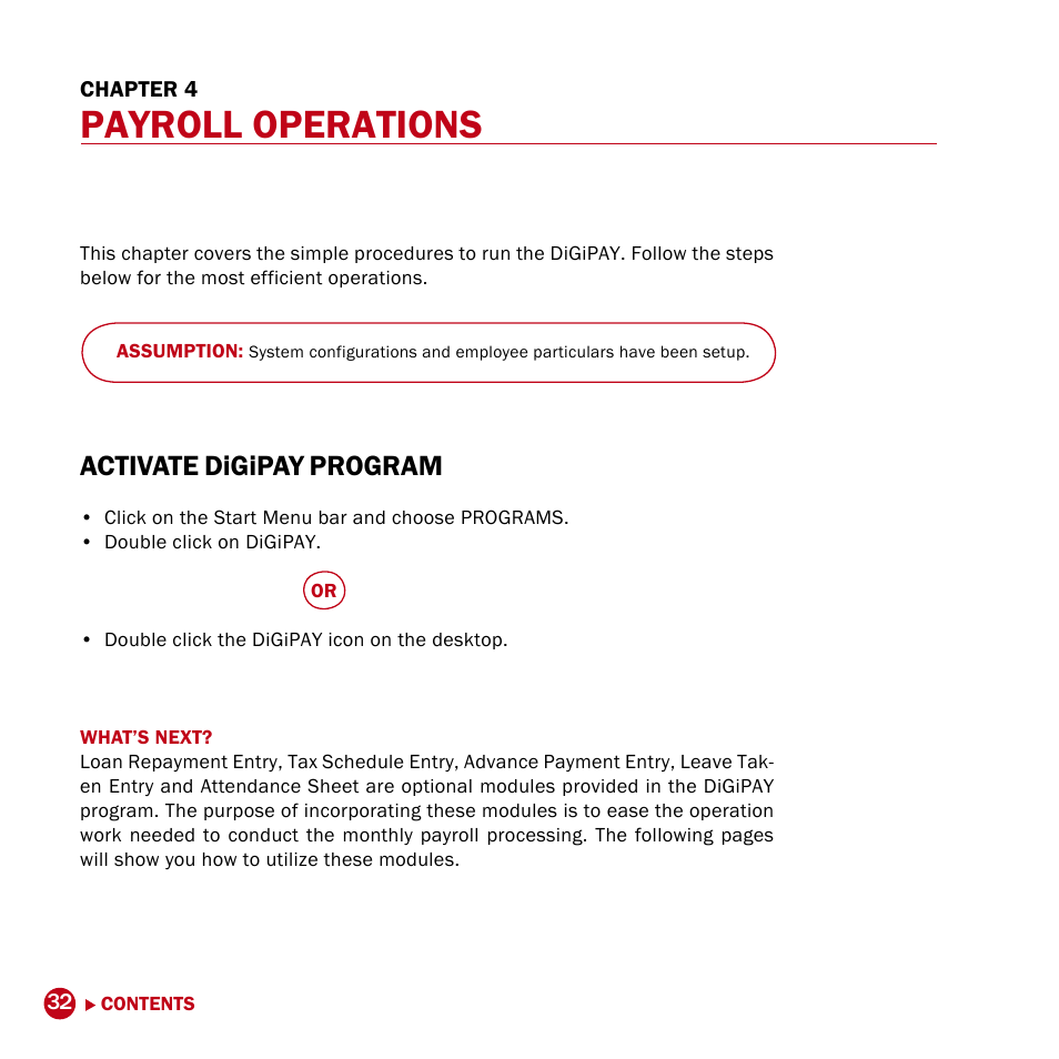 Chp 4, Payroll operations 32-46, Payroll operations | Activate, Digipay, Program | FingerTec DiGiPAY User Manual | Page 35 / 74