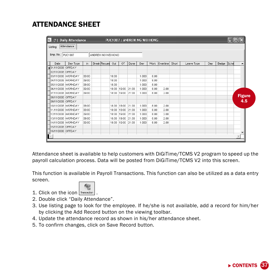 Attendance sheet | FingerTec DiGiPAY User Manual | Page 40 / 74