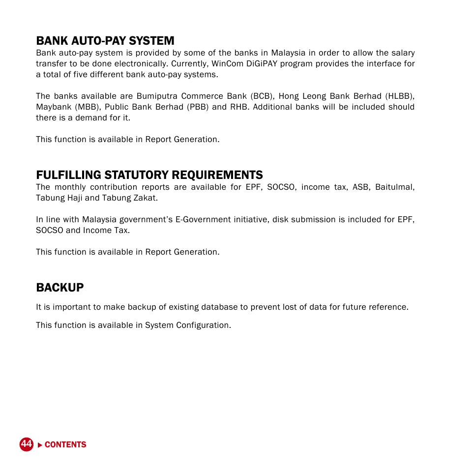 Bank auto-pay system, Fulfilling statutory requirements, Backup | FingerTec DiGiPAY User Manual | Page 47 / 74