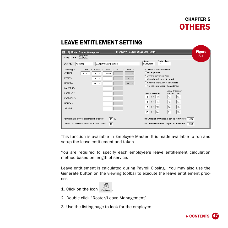 Chp 5, Other operations, Others | Leave entitlement setting | FingerTec DiGiPAY User Manual | Page 50 / 74