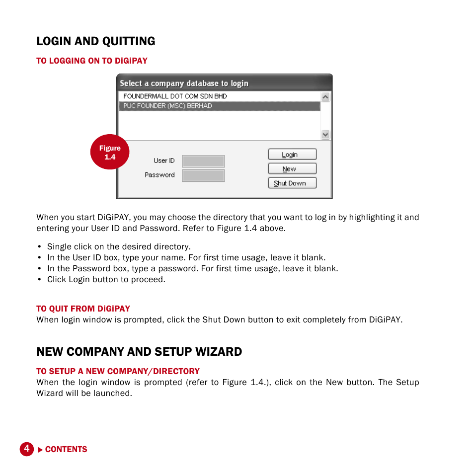 Login and quitting, New company and setup wizard | FingerTec DiGiPAY User Manual | Page 7 / 74