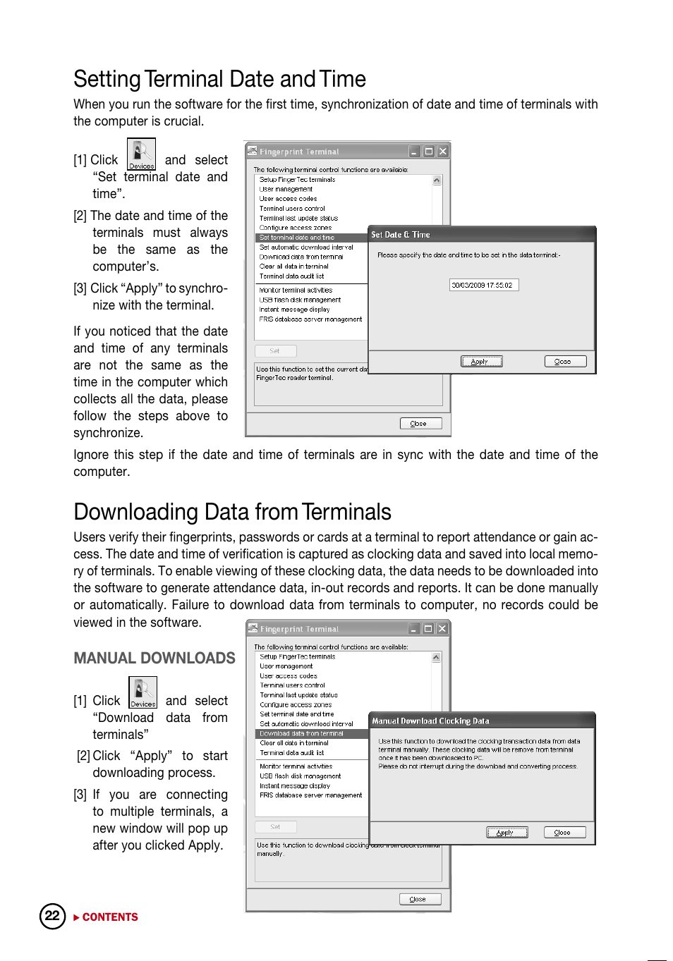 Setting terminal date and time, Downloading data from terminals | FingerTec DiGiTime (OEM) User Manual | Page 23 / 98