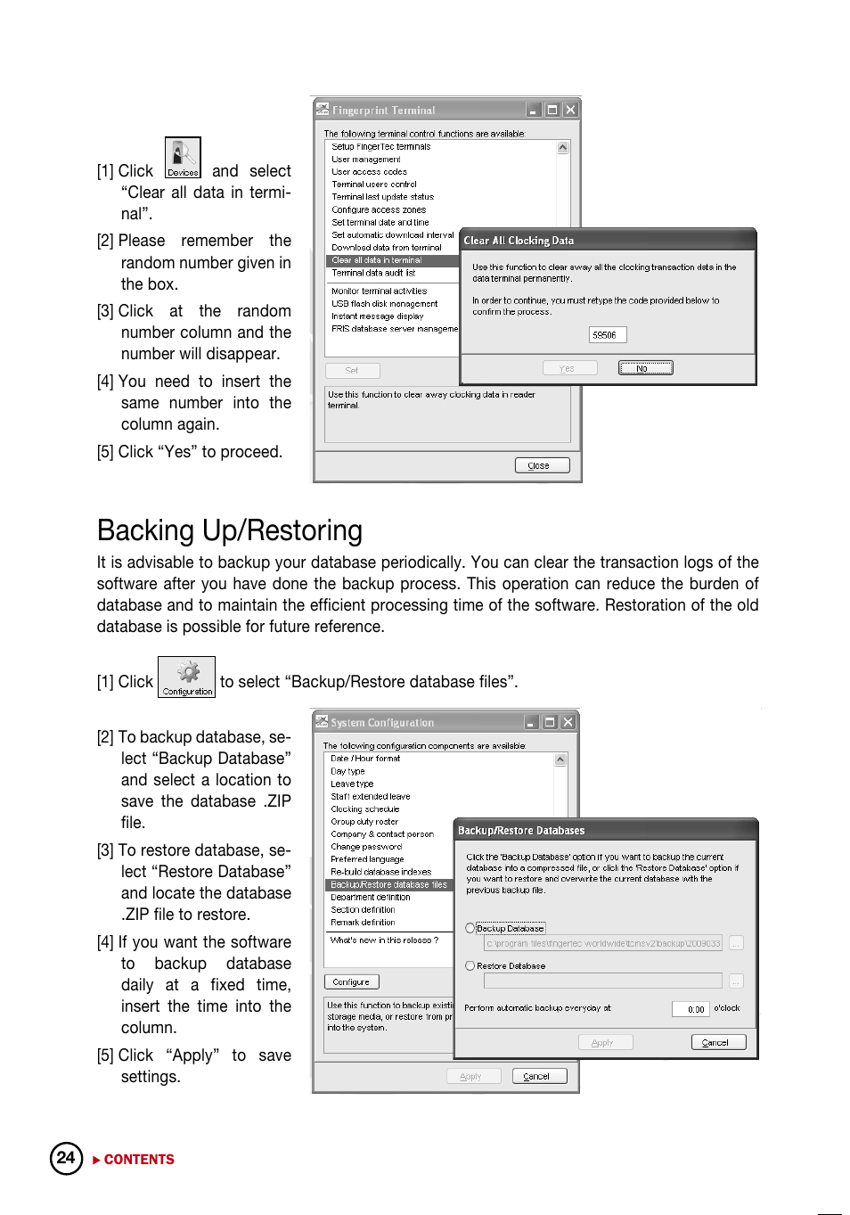 Backing up/restoring | FingerTec DiGiTime (OEM) User Manual | Page 25 / 98