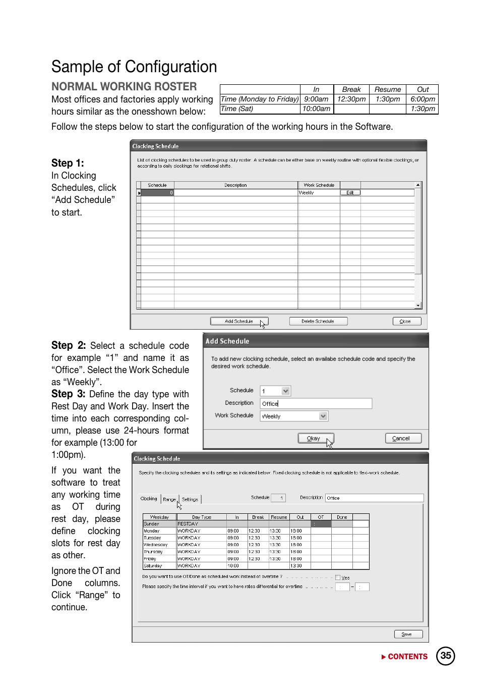 Sample of configuration, Normal working roster | FingerTec DiGiTime (OEM) User Manual | Page 36 / 98