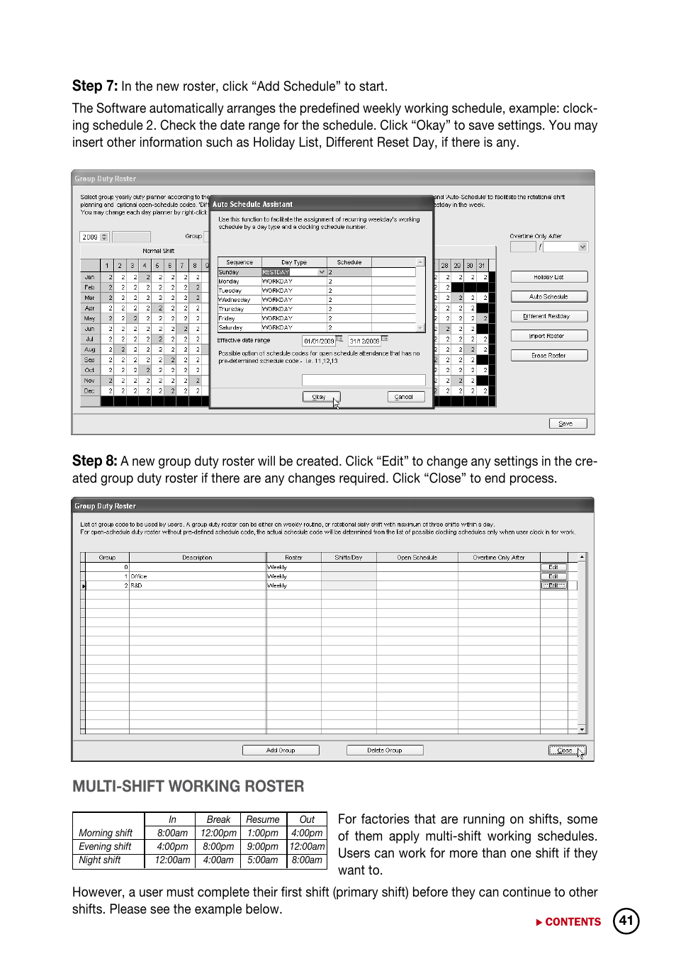 Multi-shift working roster, Step 7, Step 8 | FingerTec DiGiTime (OEM) User Manual | Page 42 / 98