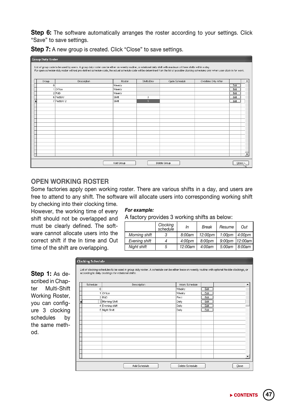 Open working roster, Step 6, Step 7 | Step 1 | FingerTec DiGiTime (OEM) User Manual | Page 48 / 98