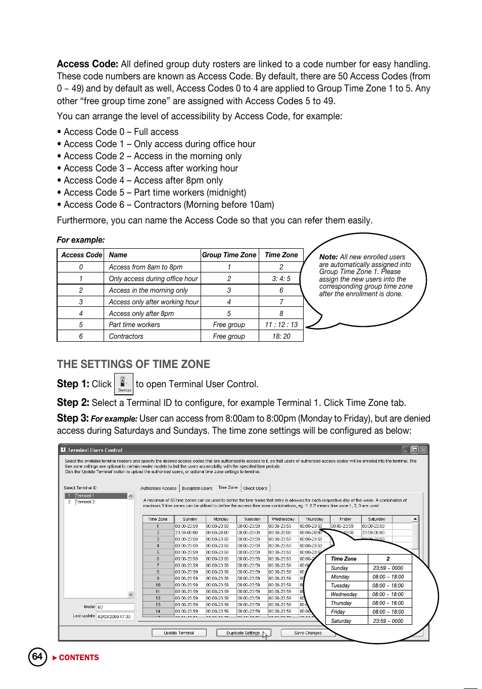 The settings of time zone, Step 1, Step 2 | Step 3, Access code, Click to open terminal user control | FingerTec DiGiTime (OEM) User Manual | Page 65 / 98