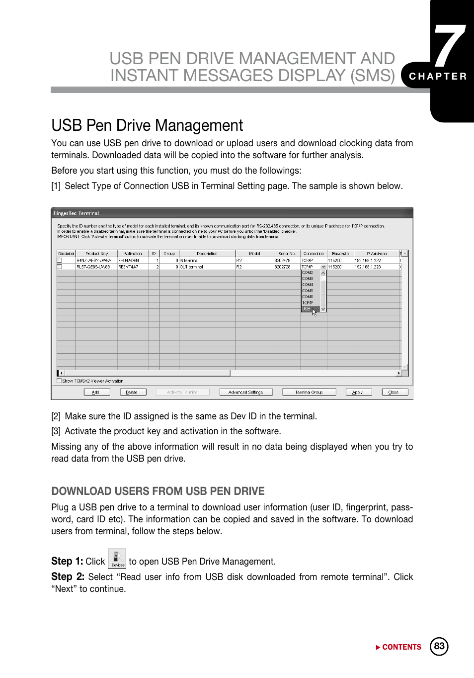 Chapter 7, Usb pen drive management and, Instant messages | Display (sms) | FingerTec DiGiTime (OEM) User Manual | Page 84 / 98
