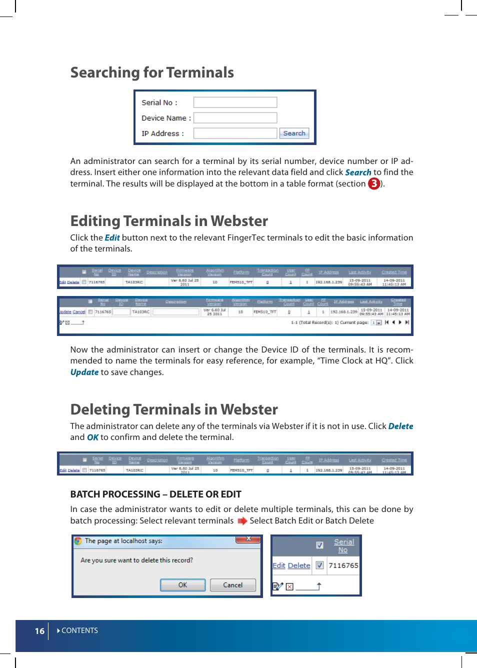 Searching for terminals, Editing terminals in webster, Deleting terminals in webster | FingerTec Webster User Manual | Page 16 / 35