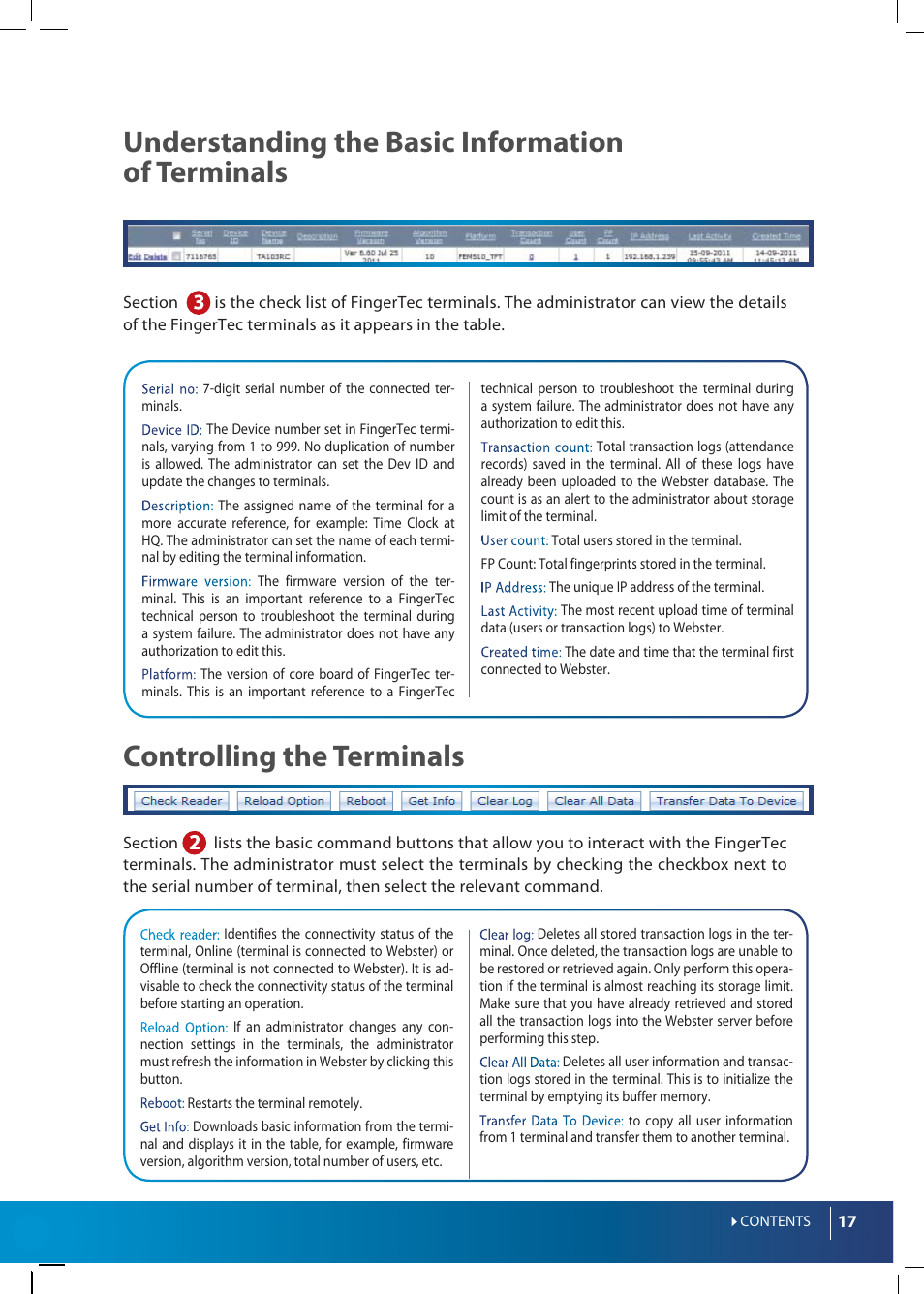 Understanding the basic information of terminals, Controlling the terminals | FingerTec Webster User Manual | Page 17 / 35