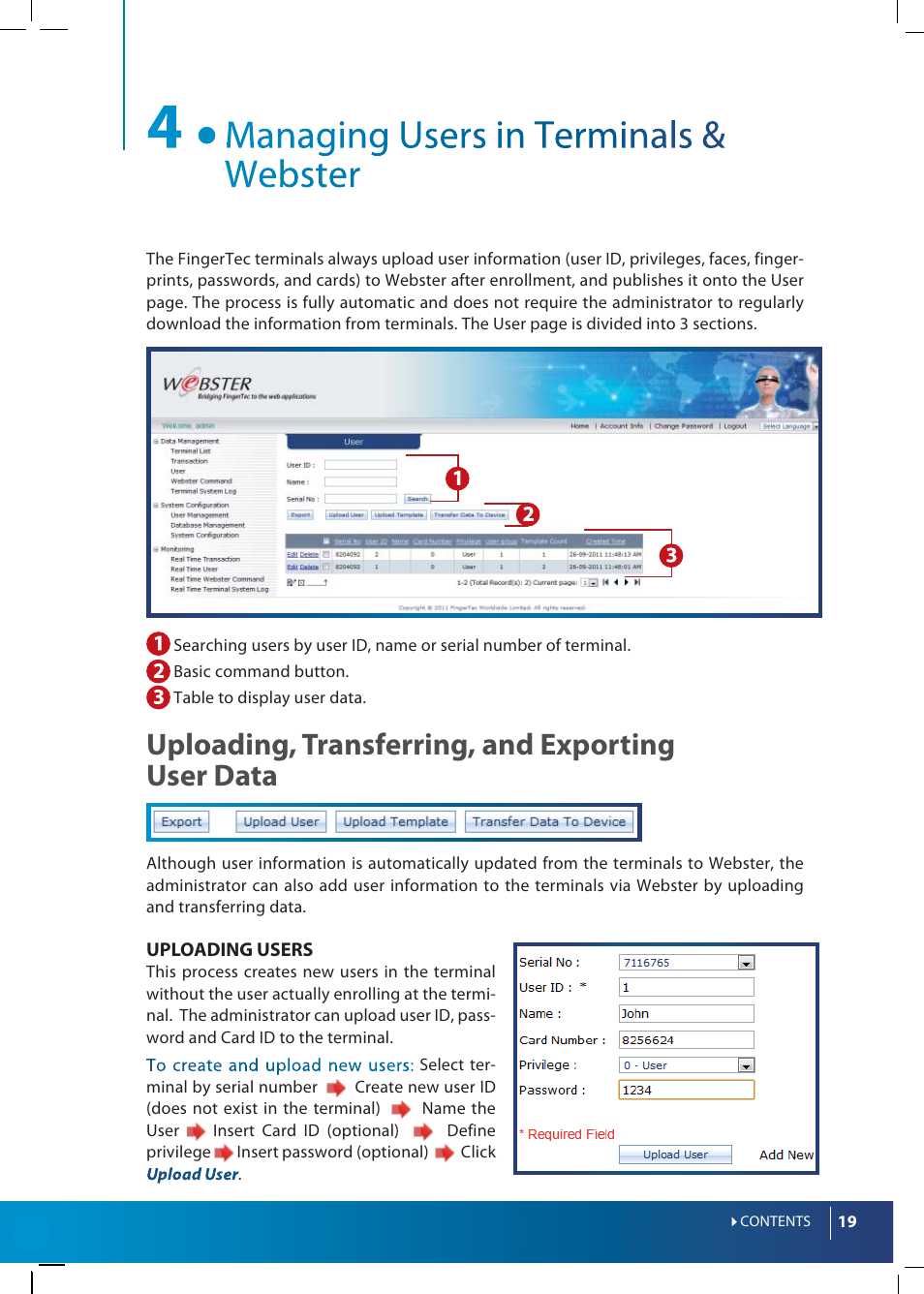 Uploading, transferring, and exporting user data | FingerTec Webster User Manual | Page 19 / 35
