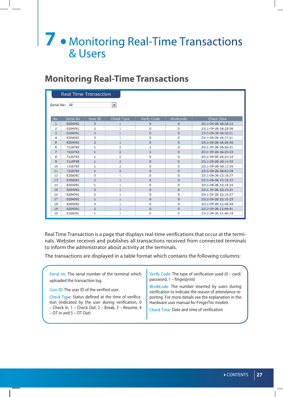 Monitoring real-time transactions | FingerTec Webster User Manual | Page 27 / 35