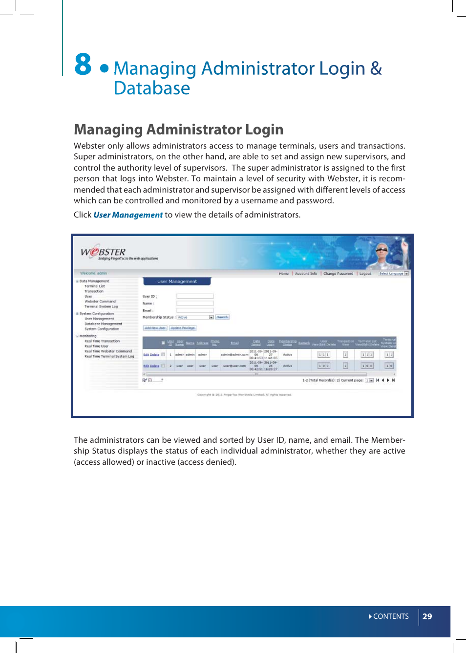 Managing administrator login | FingerTec Webster User Manual | Page 29 / 35