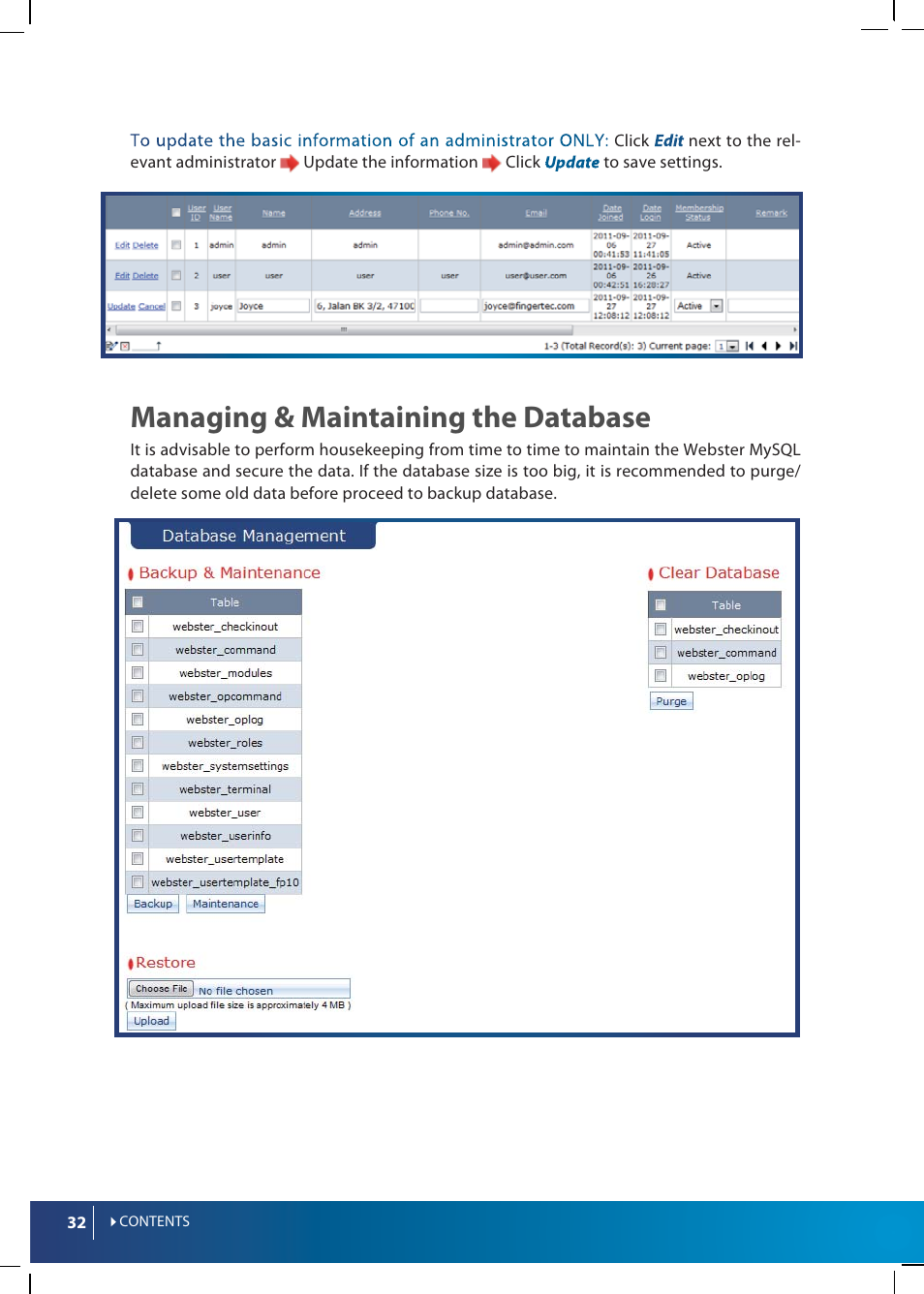 Managing & maintaining the database | FingerTec Webster User Manual | Page 32 / 35