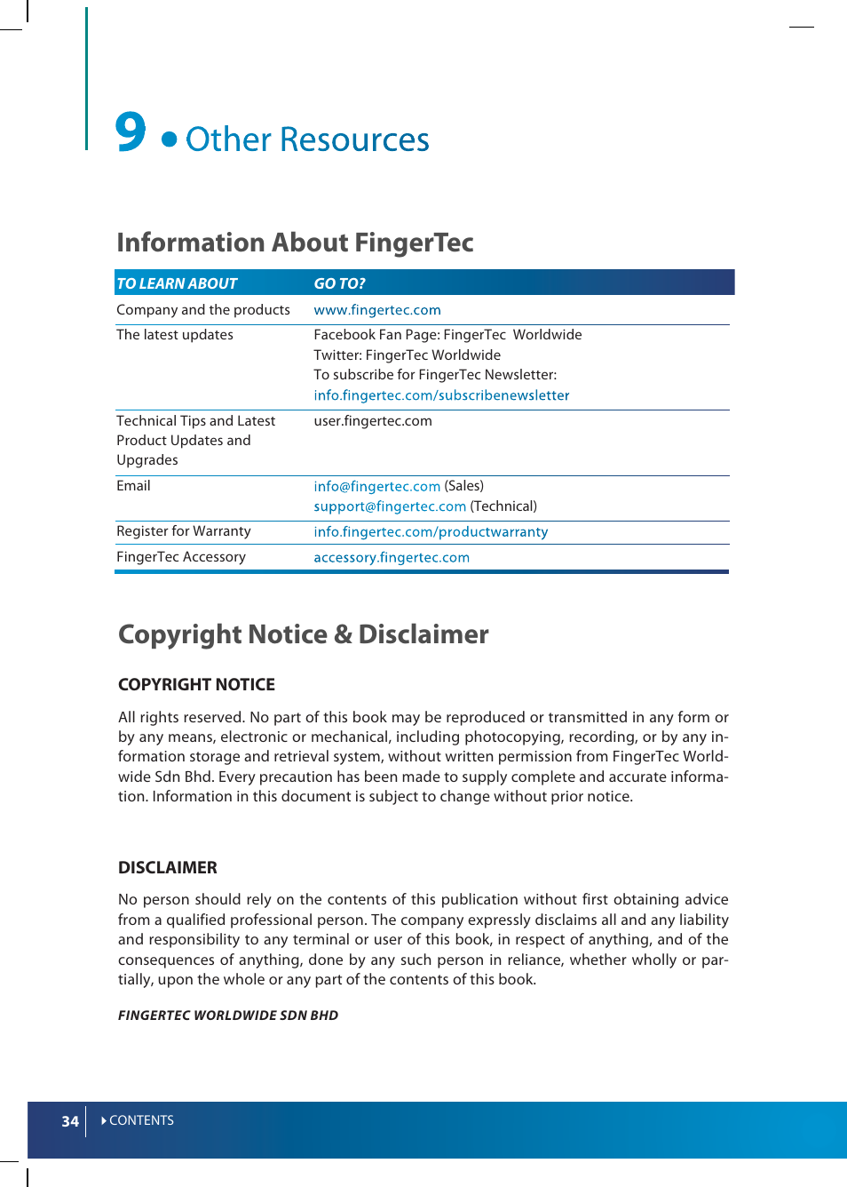 Information about fingertec, Copyright notice & disclaimer | FingerTec Webster User Manual | Page 34 / 35