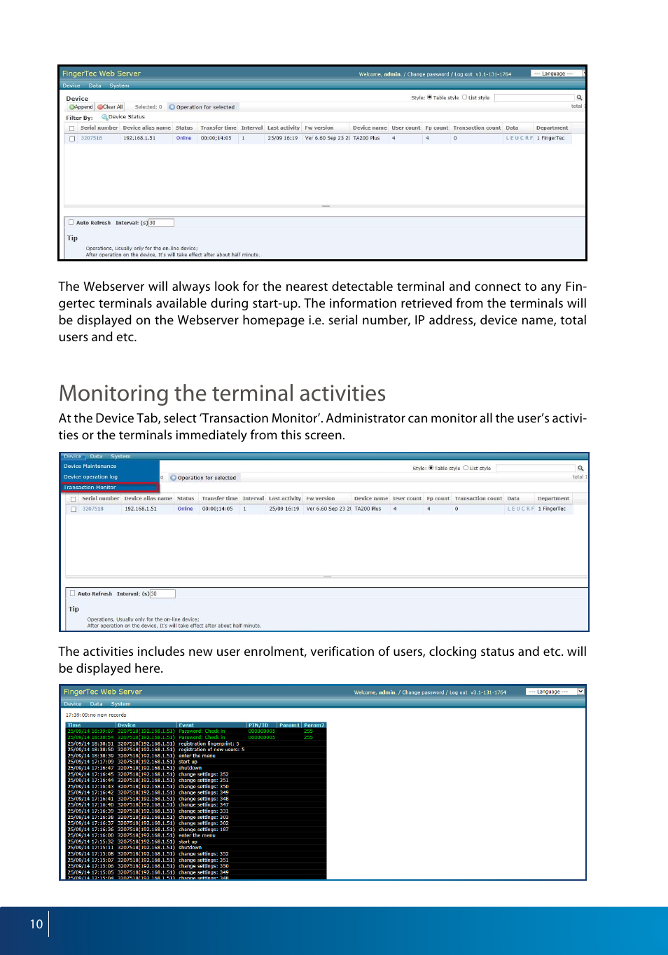 Monitoring the terminal activities | FingerTec Webserver User Manual | Page 10 / 26
