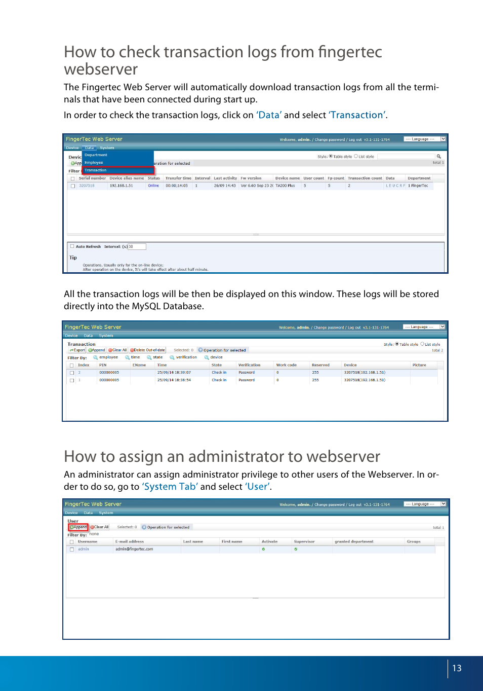 How to assign an administrator to webserver | FingerTec Webserver User Manual | Page 13 / 26