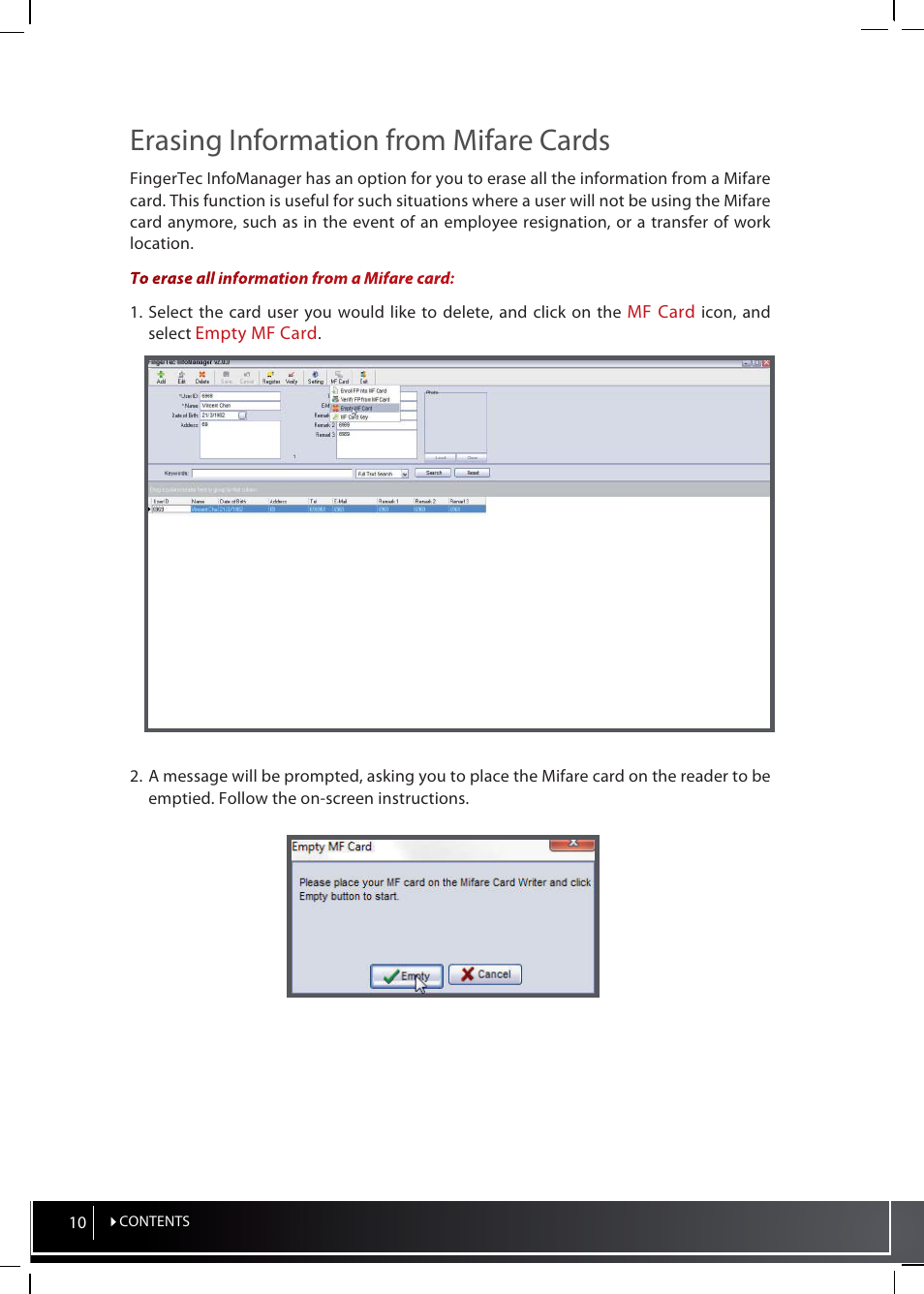 Erasing information from mifare cards | FingerTec InfoManager User Manual | Page 10 / 19
