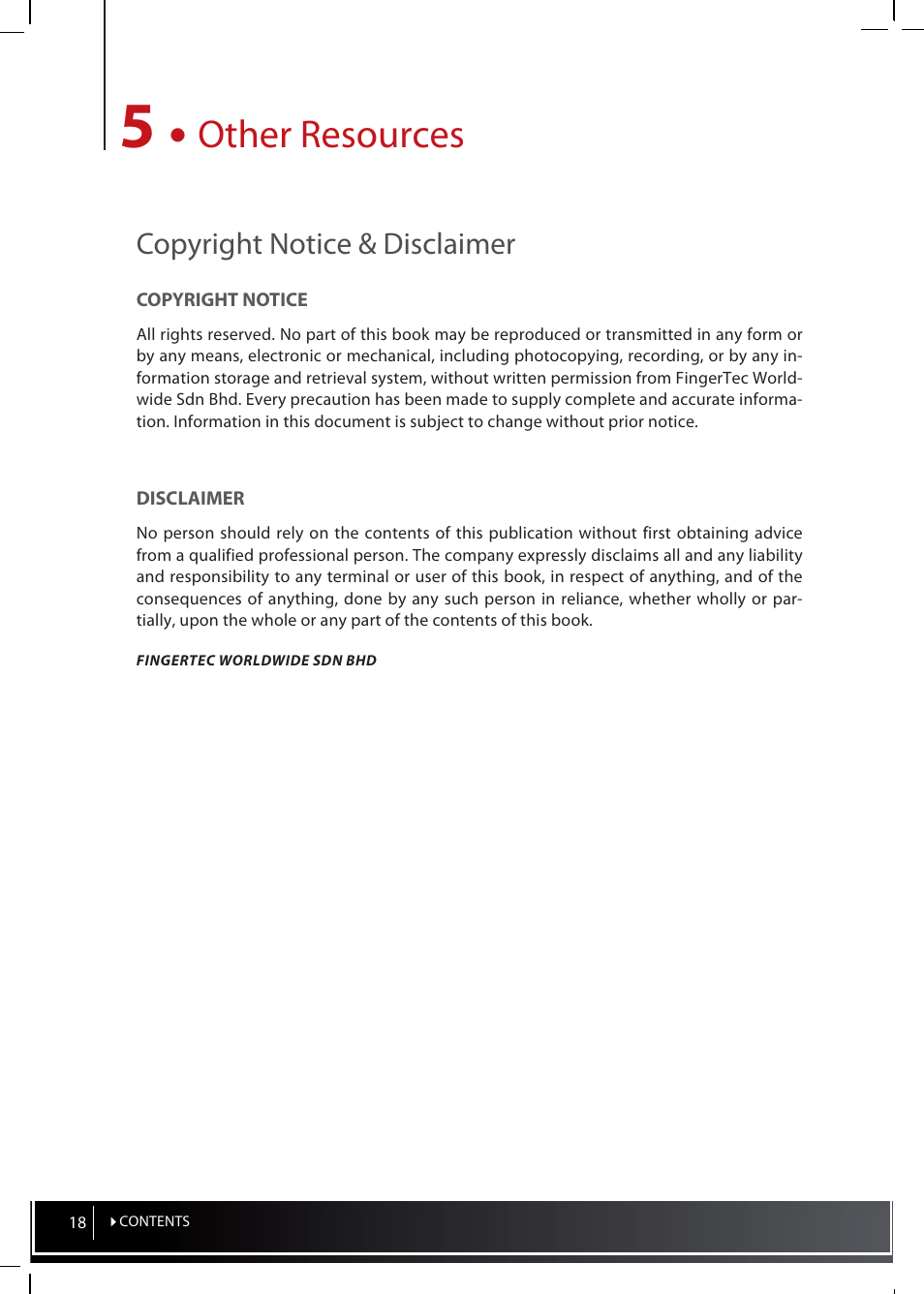 5 • other resources, Other resources, Copyright notice & disclaimer | FingerTec InfoManager User Manual | Page 18 / 19