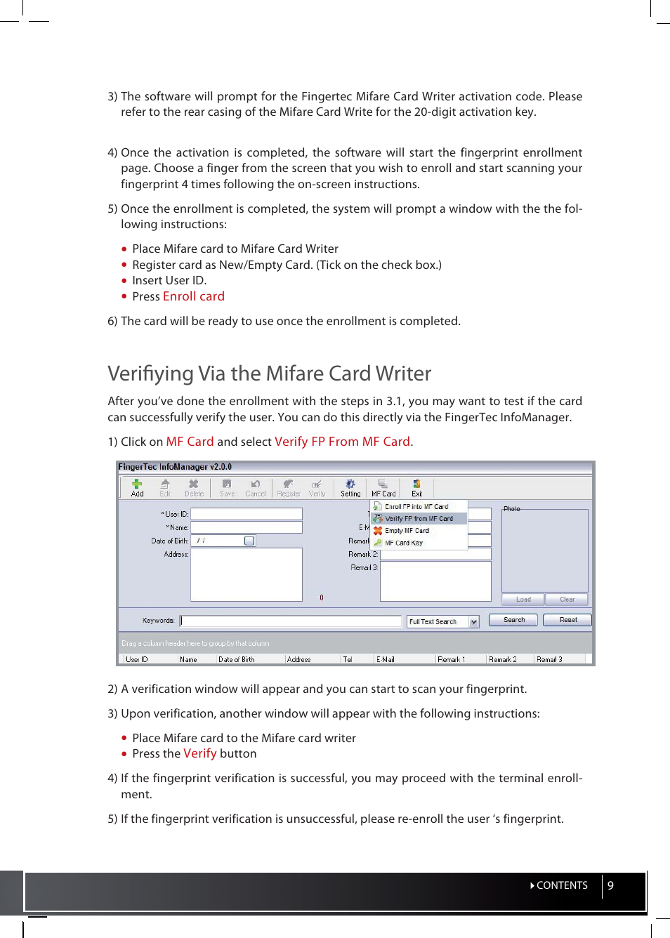 Verifi ying via the mifare card writer | FingerTec InfoManager User Manual | Page 9 / 19