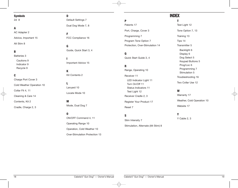 Iin nd de ex x | Cabela's Gun Dog Transmitter and Collar Receiver GS-6001 User Manual | Page 10 / 13