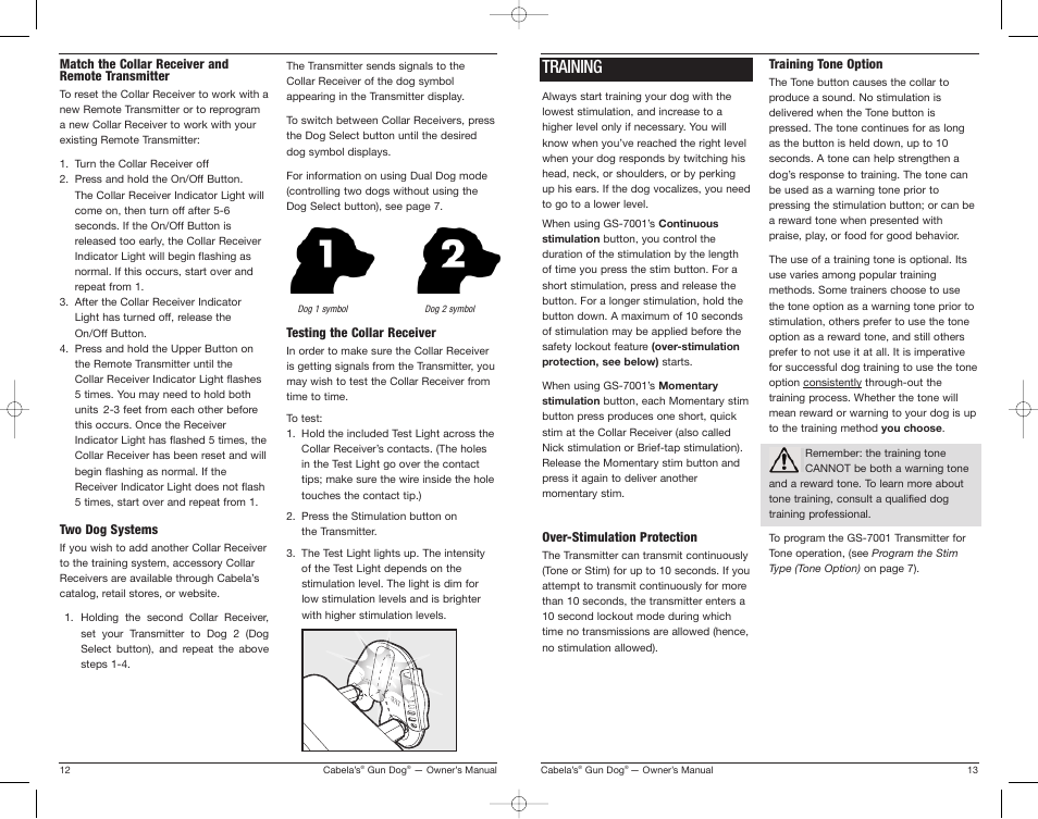 Training | Cabela's Gun Dog Transmitter and Collar Receiver GS-6001 User Manual | Page 7 / 13