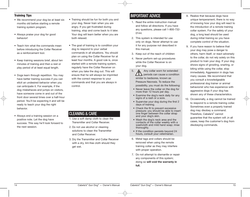 Important advice, Cleaning & care | Cabela's Gun Dog Transmitter and Collar Receiver GS-6001 User Manual | Page 8 / 13