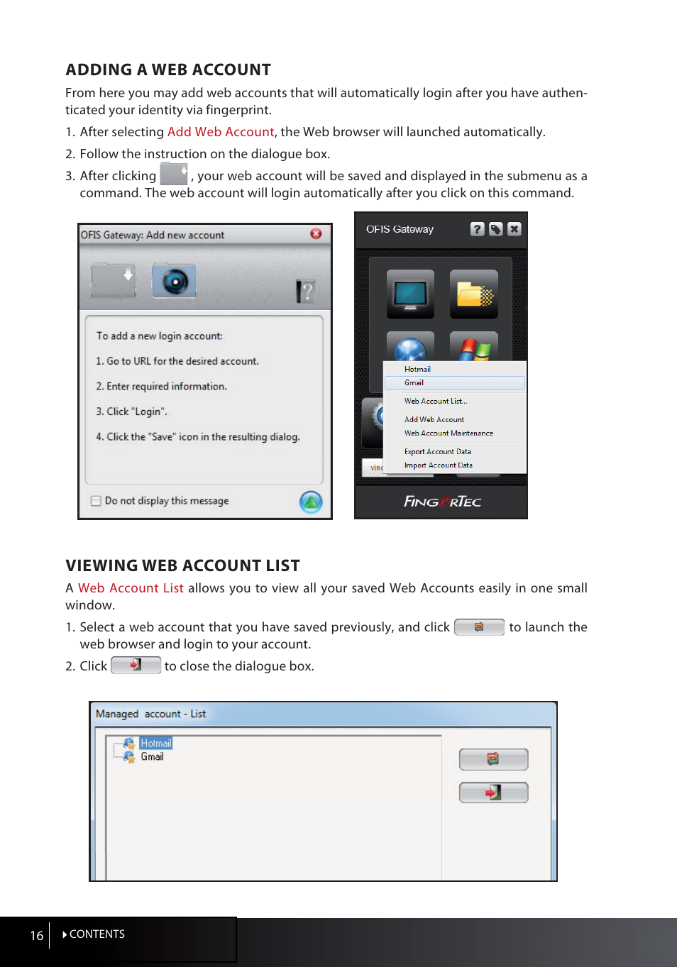 Adding a web account, Viewing web account list | FingerTec OFIS Gateway User Manual | Page 16 / 36