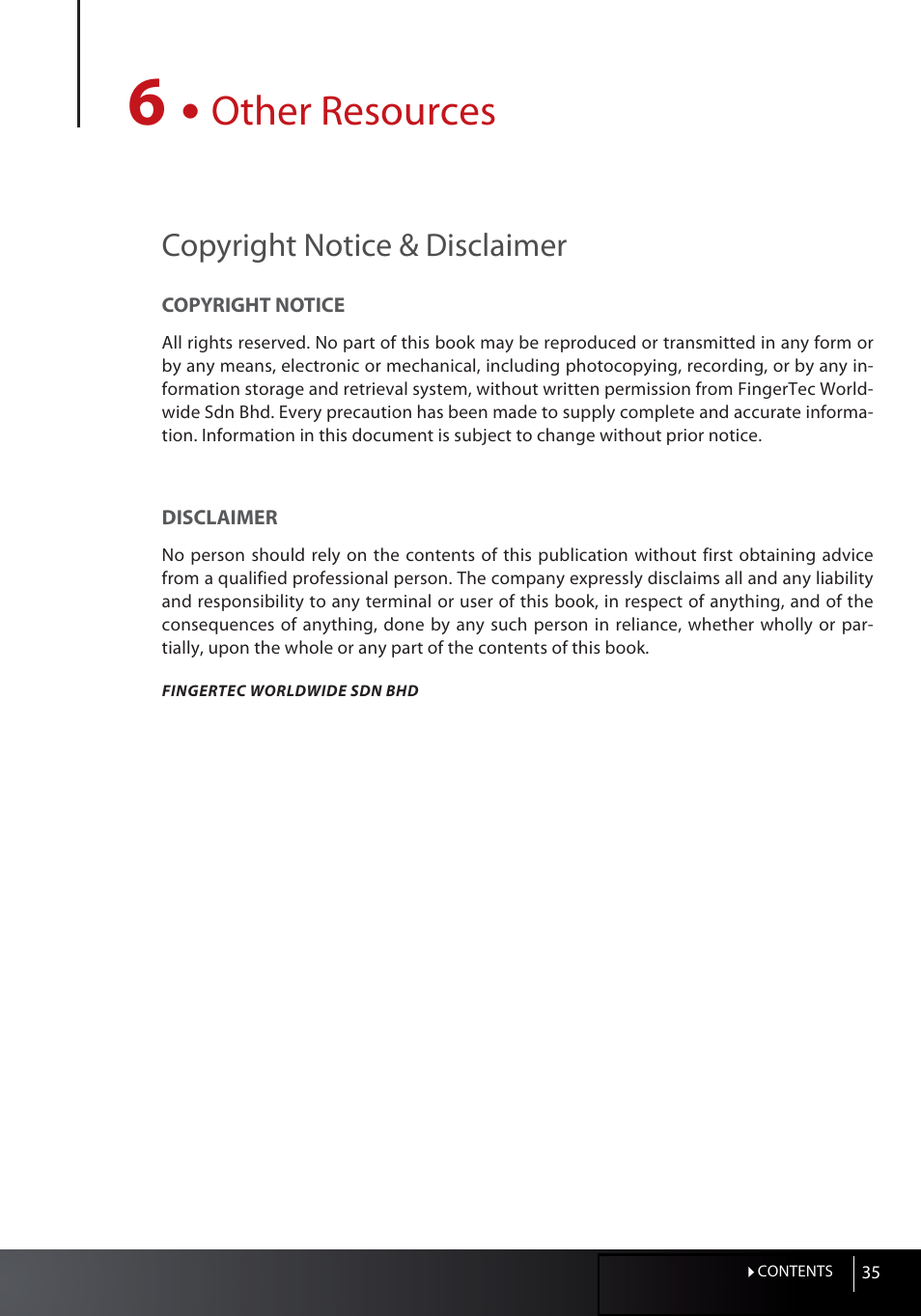 6 • other resources, Other resources, Copyright notice & disclaimer | FingerTec OFIS Gateway User Manual | Page 35 / 36