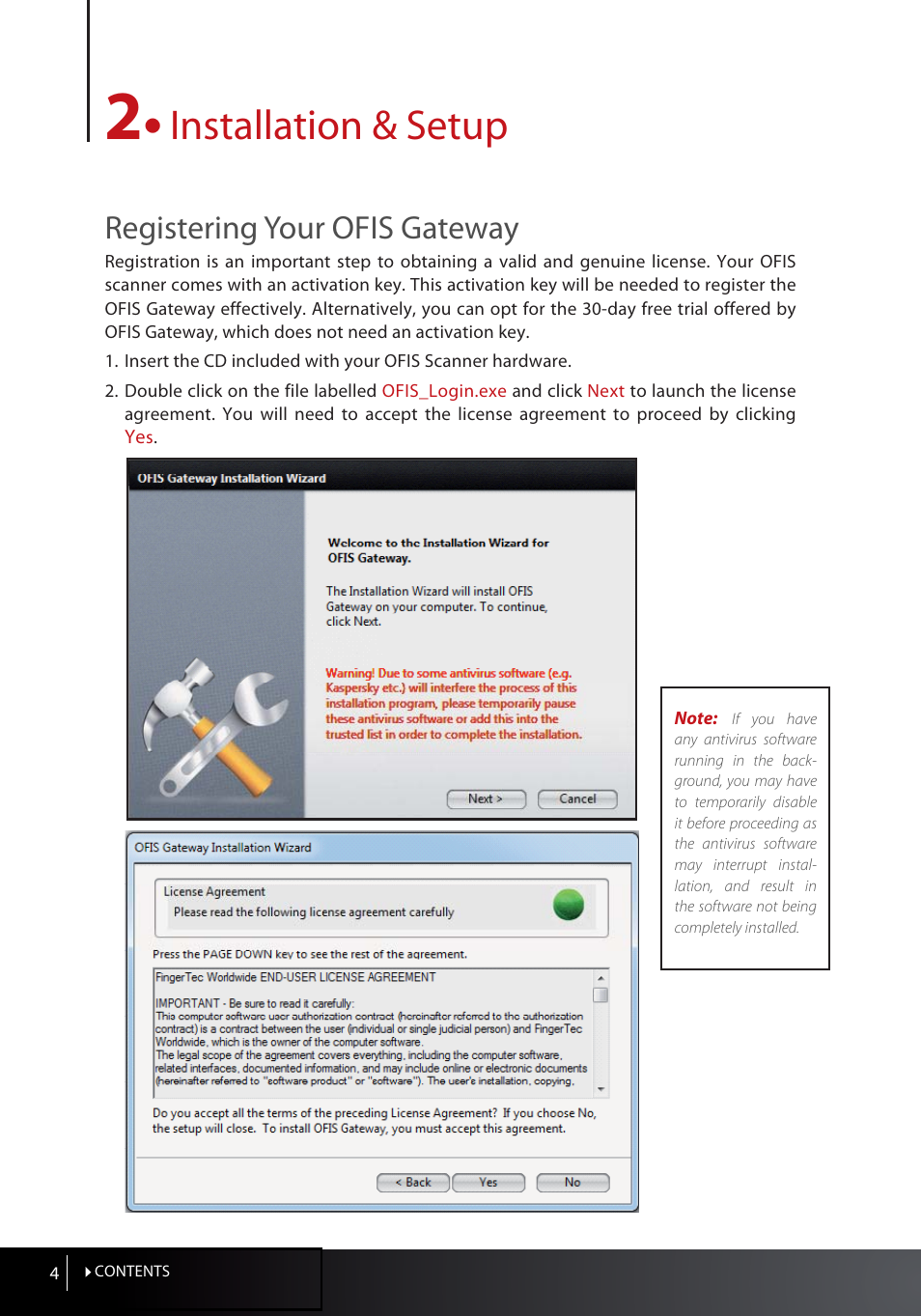 2 • installation & setup, Registering your ofis gateway, Installing & setting up your ofis gateway | Enrolling a fingerprint for windows login, Logging in to windows with fingerprint, Installation & setup | FingerTec OFIS Gateway User Manual | Page 4 / 36