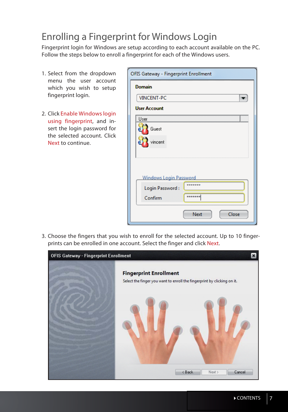 Enrolling a fingerprint for windows login | FingerTec OFIS Gateway User Manual | Page 7 / 36
