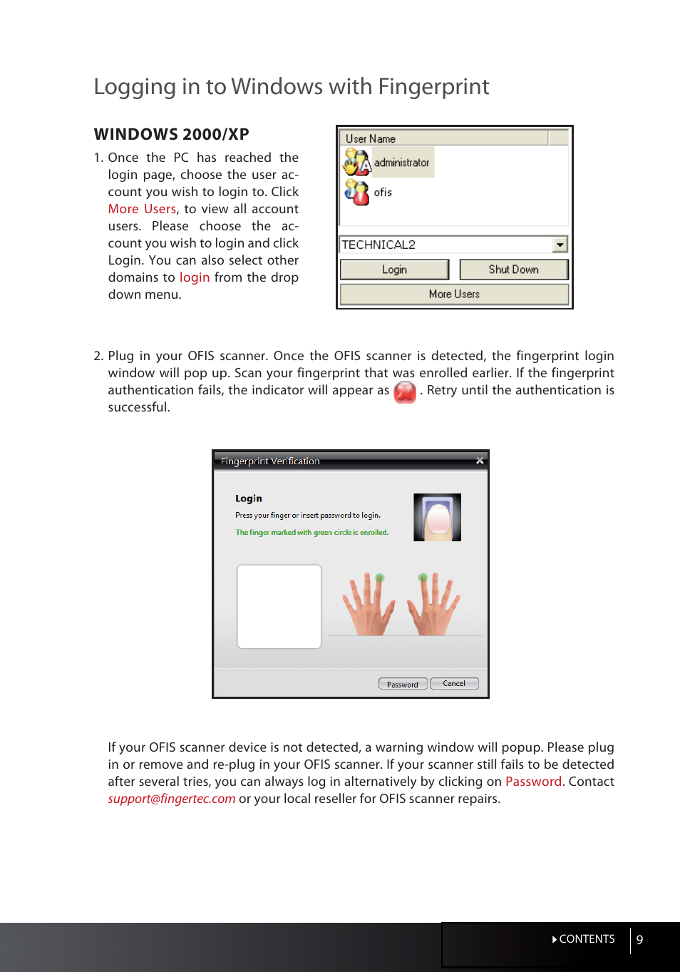 Logging in to windows with fingerprint, Windows 2000/xp | FingerTec OFIS Gateway User Manual | Page 9 / 36