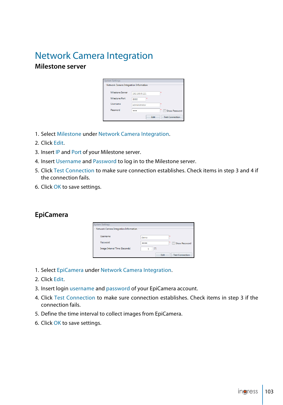 Network camera integration, Milestone server, Epicamera | FingerTec Ingress User Manual | Page 103 / 104