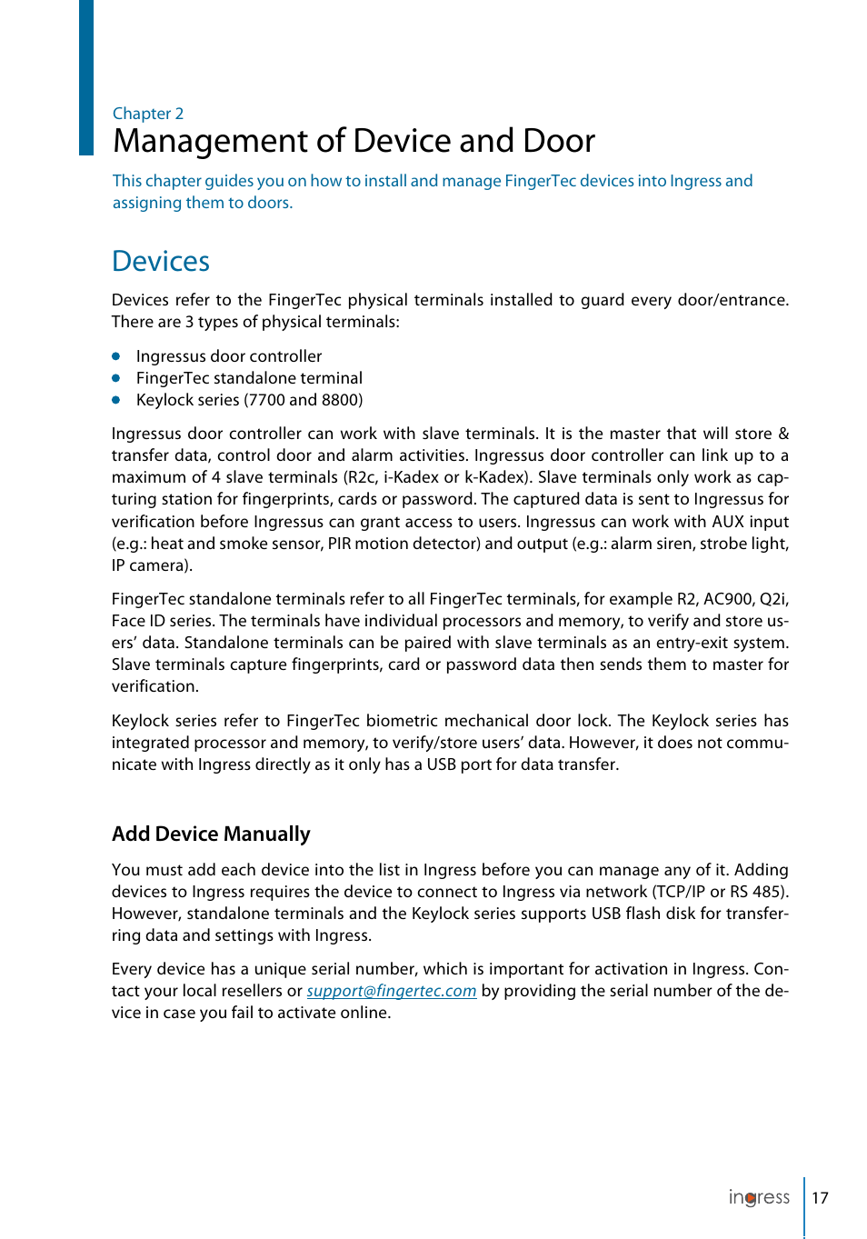 Management of device and door, Devices | FingerTec Ingress User Manual | Page 17 / 104