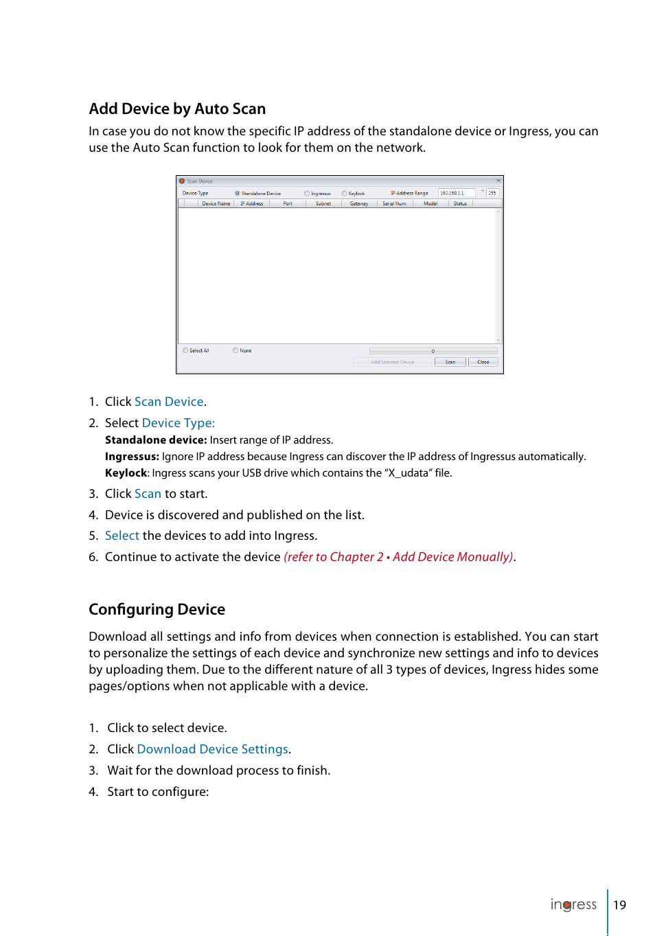 Add device by auto scan, Configuring device | FingerTec Ingress User Manual | Page 19 / 104