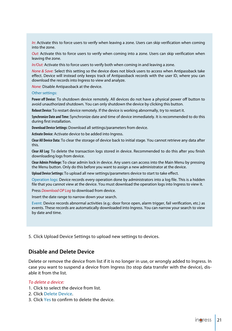 Disable and delete device | FingerTec Ingress User Manual | Page 21 / 104