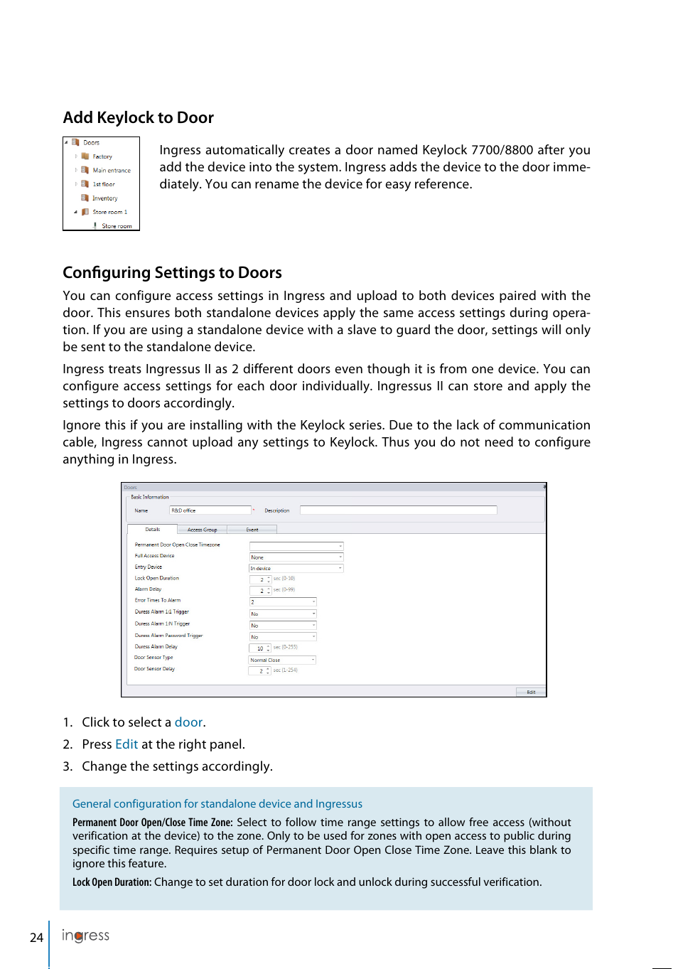 Add keylock to door, Configuring settings to doors | FingerTec Ingress User Manual | Page 24 / 104