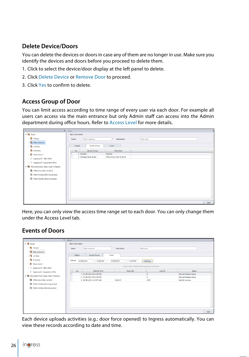 Delete device/doors, Access group of door, Events of doors | FingerTec Ingress User Manual | Page 26 / 104