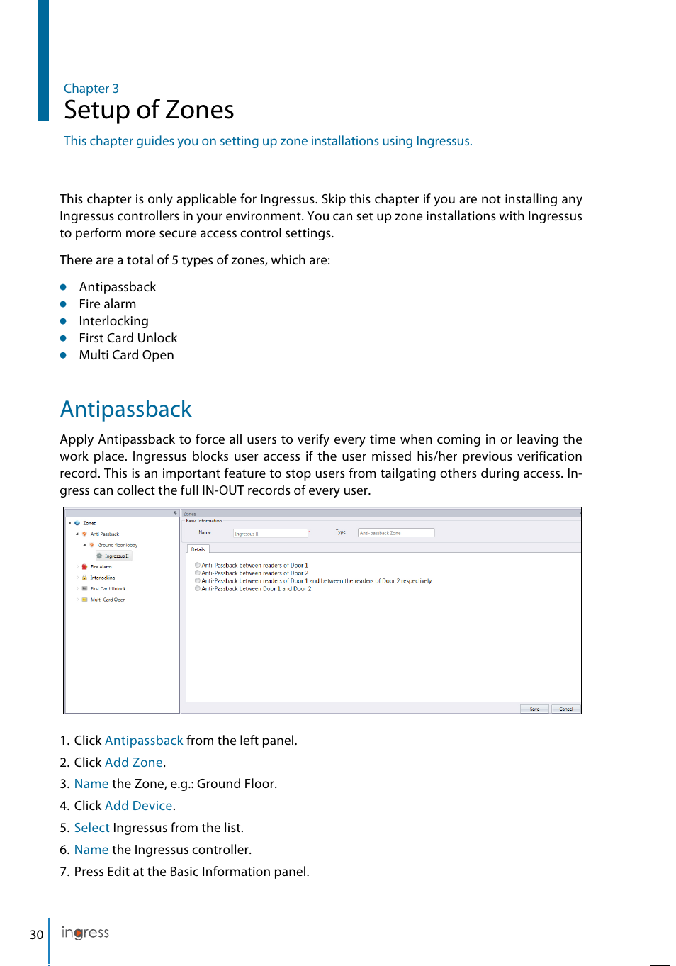 Setup of zones, Antipassback | FingerTec Ingress User Manual | Page 30 / 104