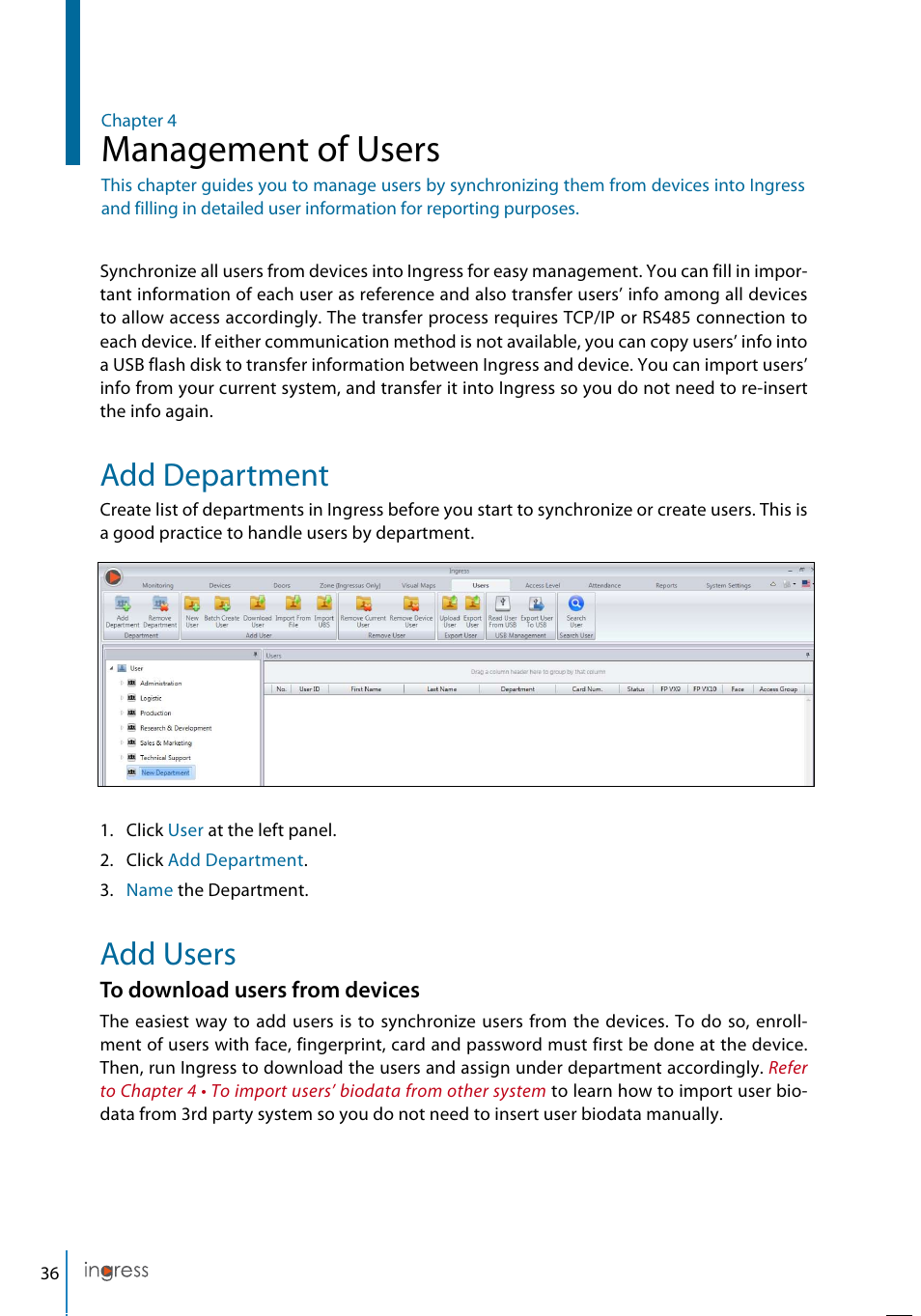 Management of users, Add department, Add users | FingerTec Ingress User Manual | Page 36 / 104