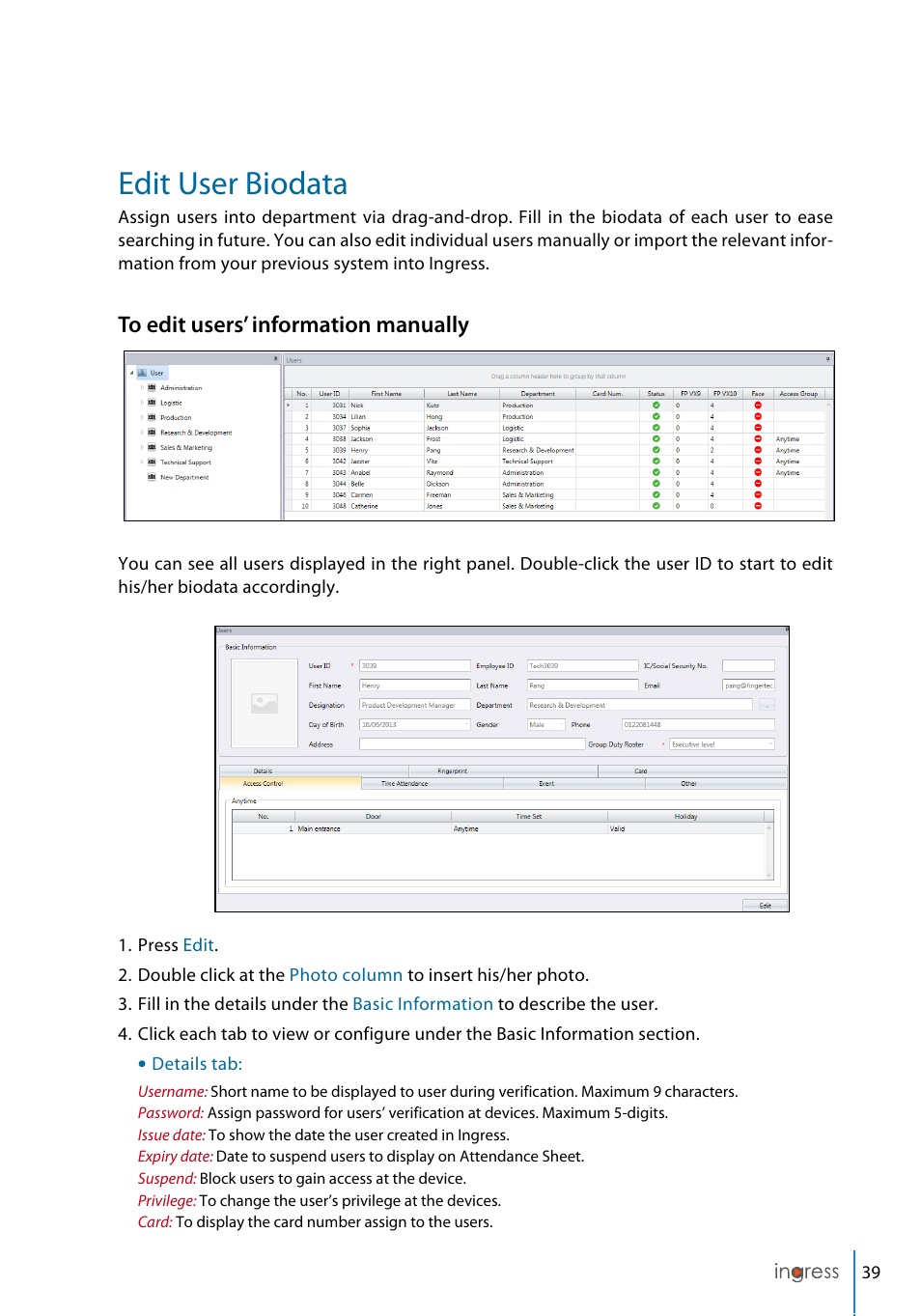 Edit user biodata | FingerTec Ingress User Manual | Page 39 / 104
