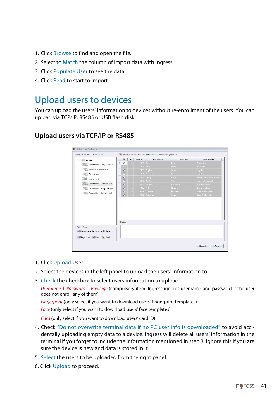 Upload users to devices, Upload users via tcp/ip or rs485 | FingerTec Ingress User Manual | Page 41 / 104