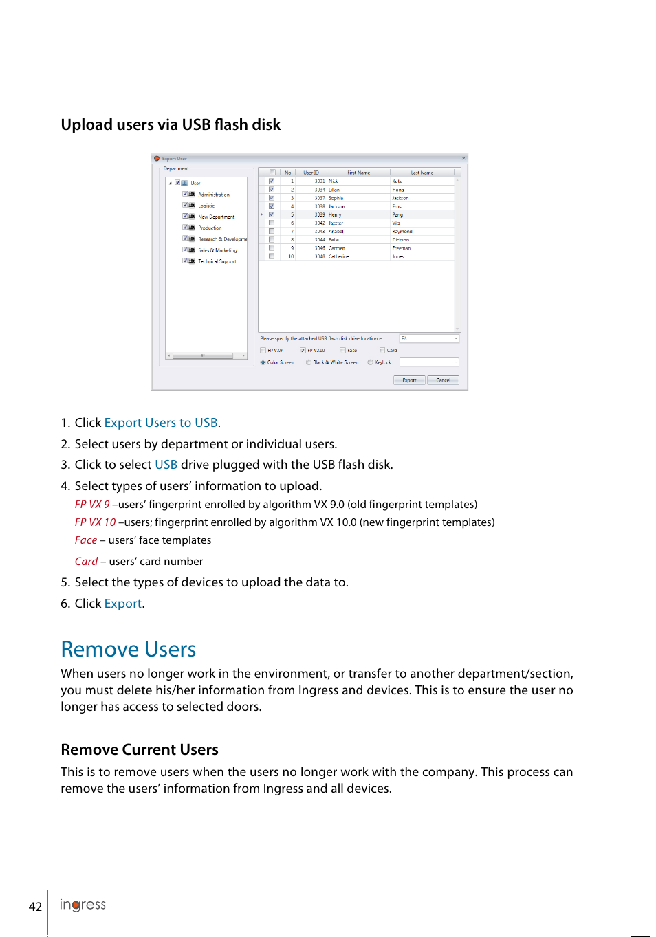 Remove users, Upload users via usb flash disk, Remove current users | FingerTec Ingress User Manual | Page 42 / 104