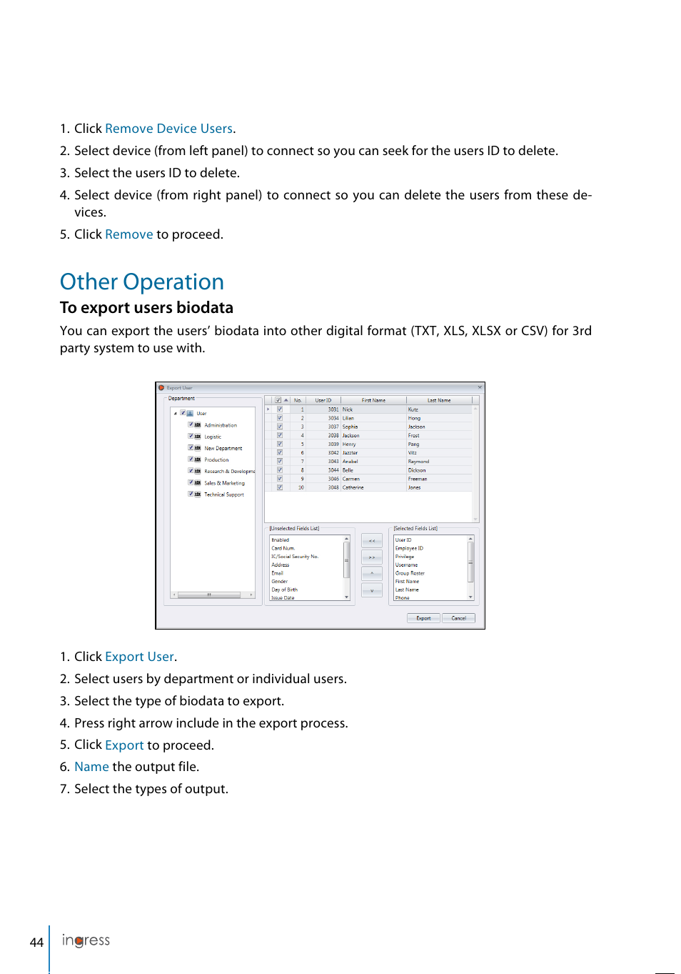 Other operation | FingerTec Ingress User Manual | Page 44 / 104