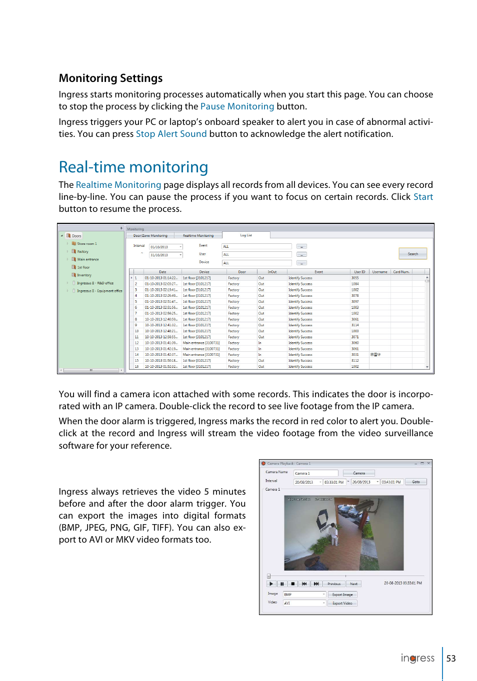 Real-time monitoring, Monitoring settings | FingerTec Ingress User Manual | Page 53 / 104