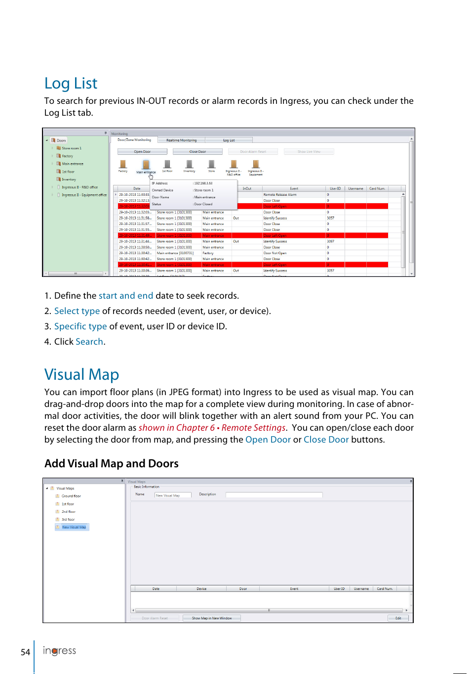 Log list, Visual map, Add visual map and doors | FingerTec Ingress User Manual | Page 54 / 104