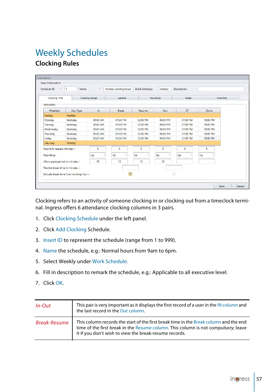 Weekly schedules, Clocking rules | FingerTec Ingress User Manual | Page 57 / 104