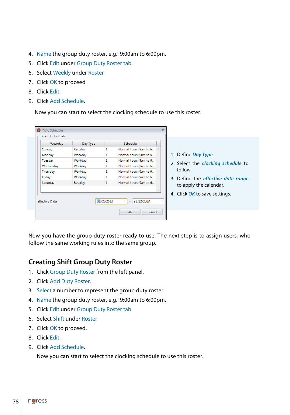 Creating shift group duty roster | FingerTec Ingress User Manual | Page 78 / 104