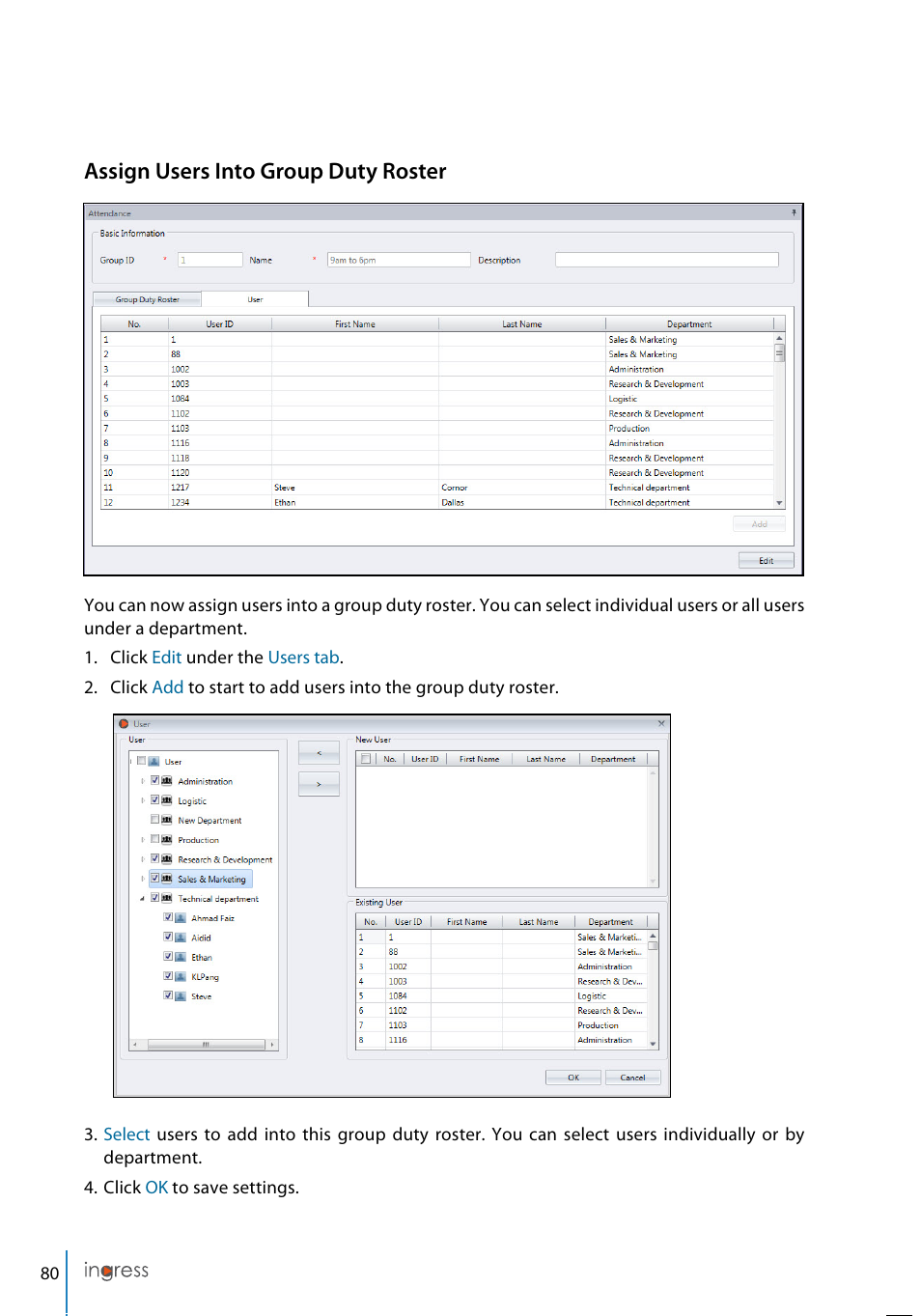 Assign users into group duty roster | FingerTec Ingress User Manual | Page 80 / 104