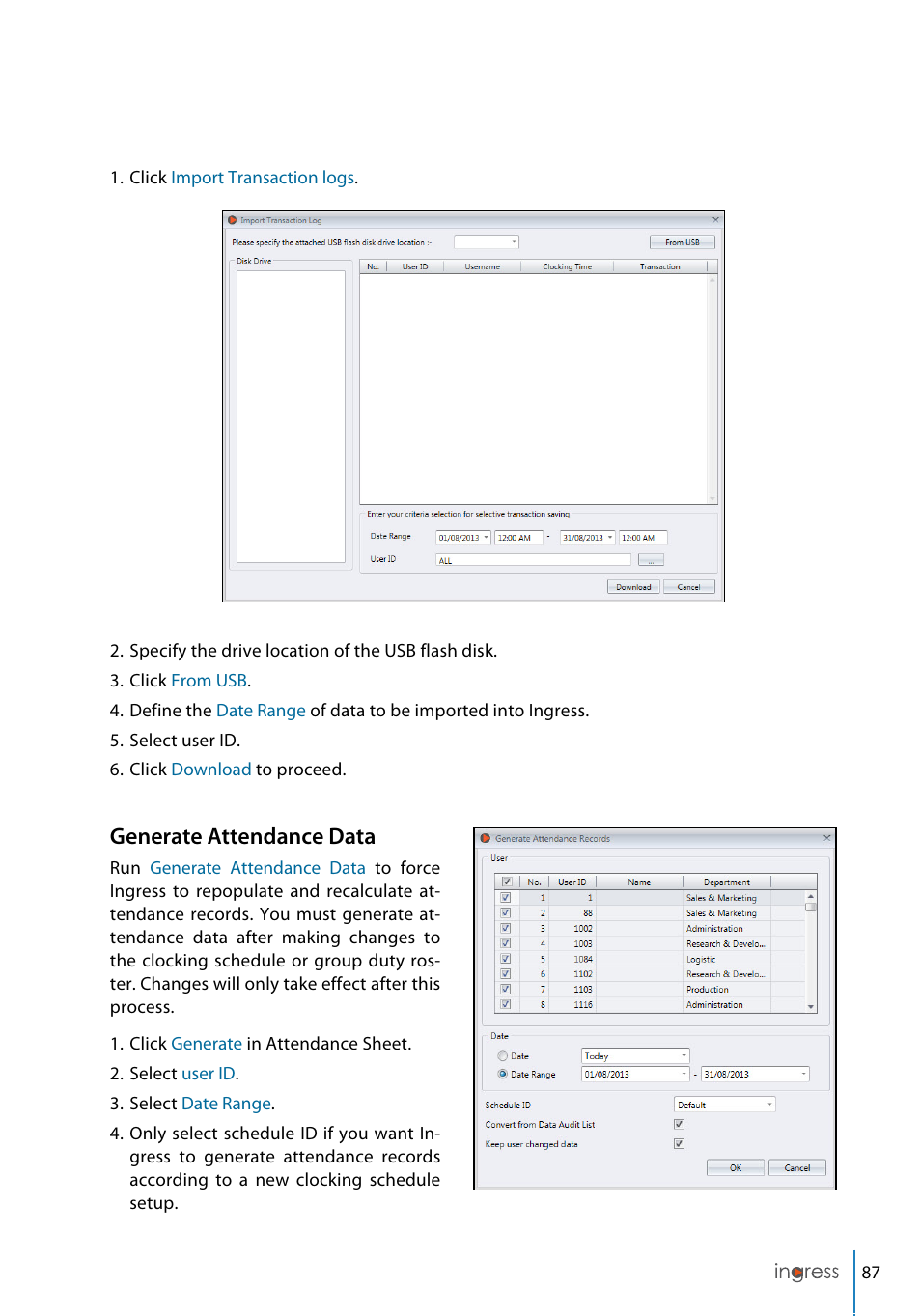 Generate attendance data | FingerTec Ingress User Manual | Page 87 / 104